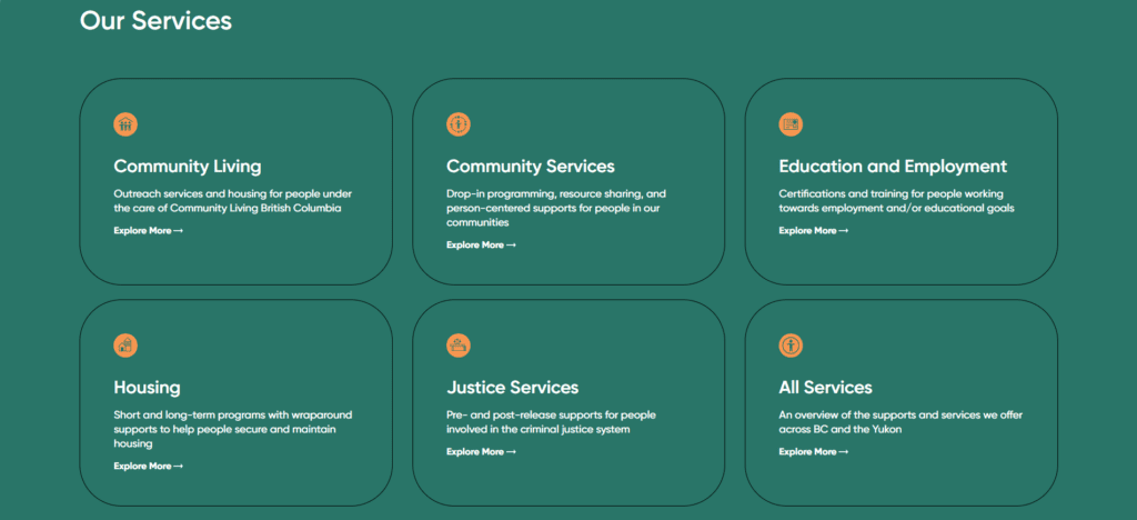 A screen capture showing the services section of our website
