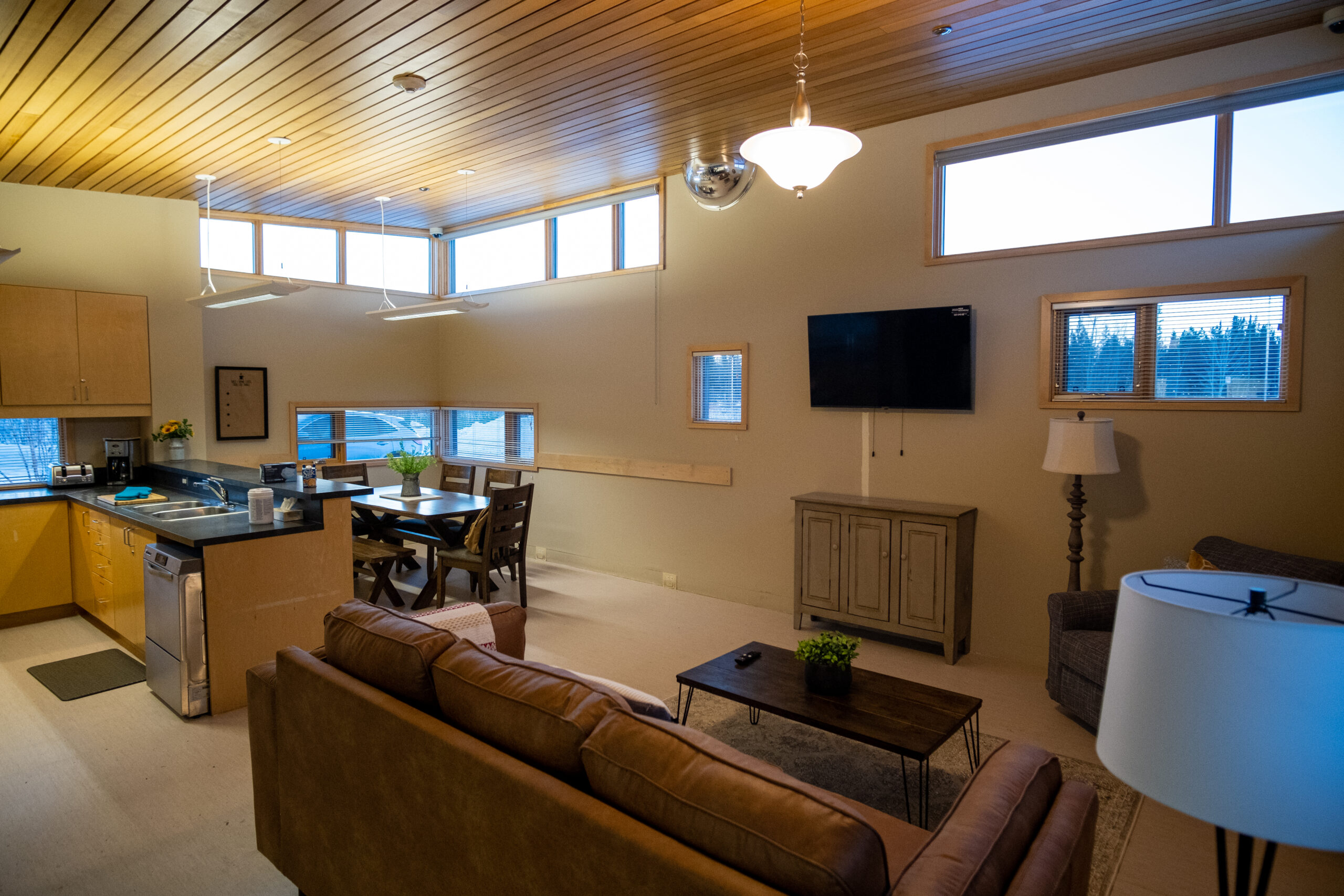 Kitchen area and living room area.