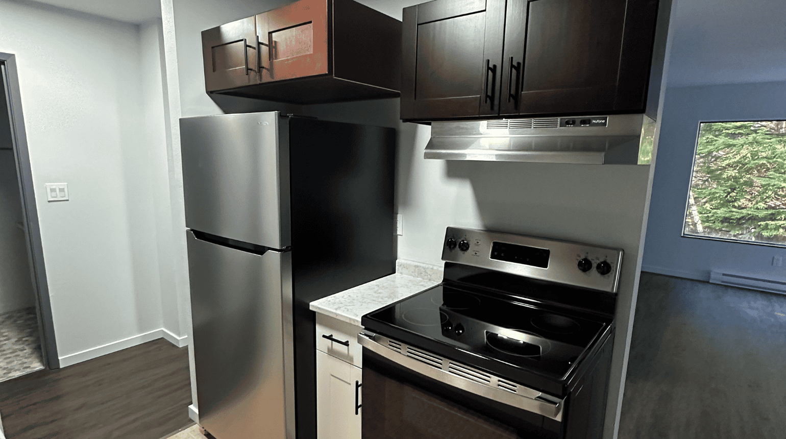 Kitchen with stove and fridge