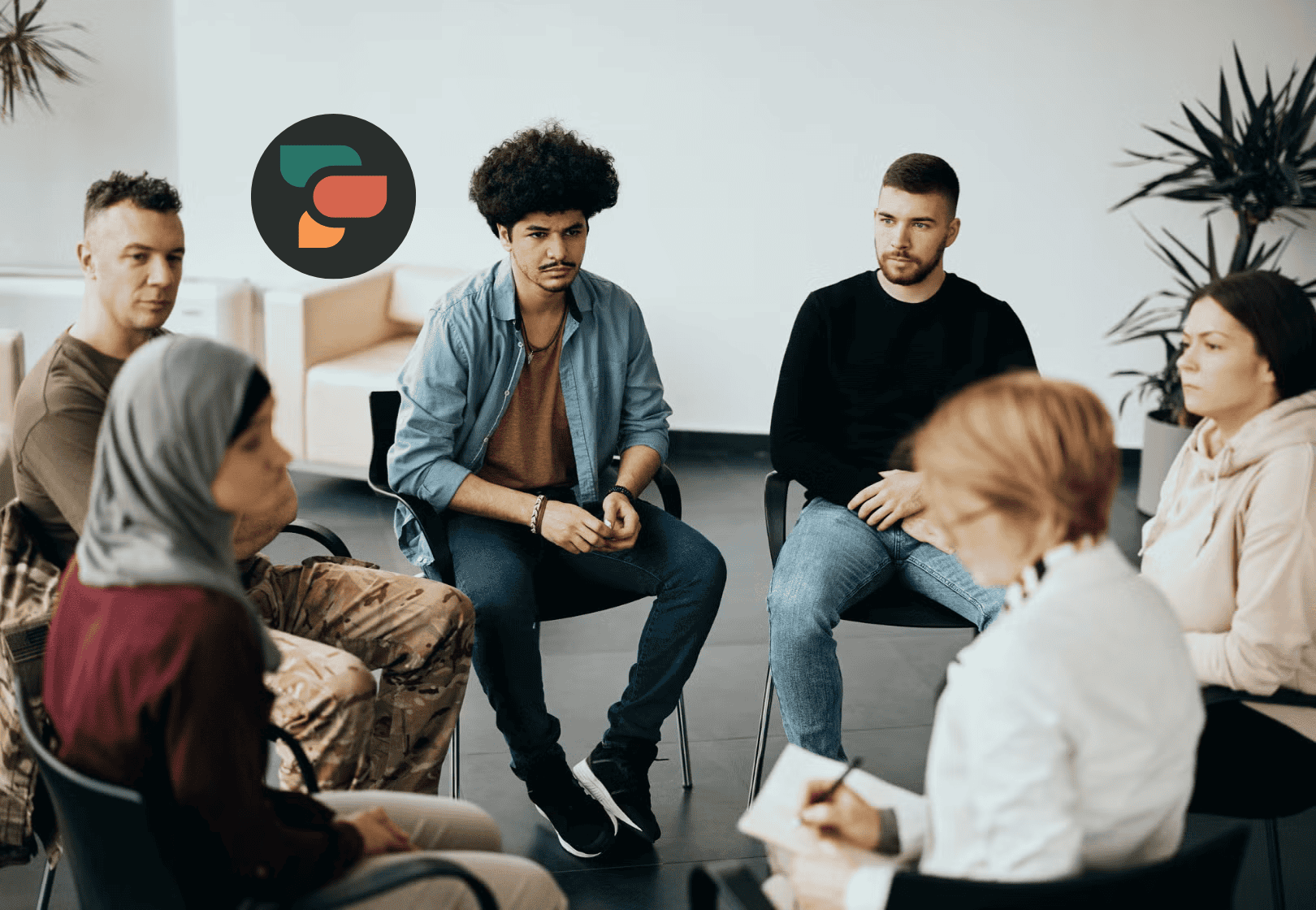 six people sitting around in a circle.